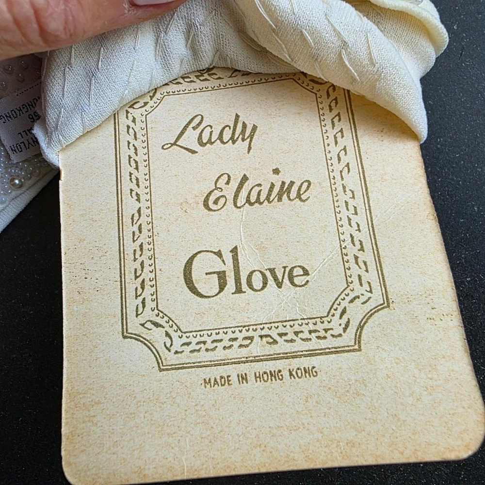 Lady Elaine Vintage Beaded Gloves OS Ivory Faux Pearl Stretch Nylon, New, READ